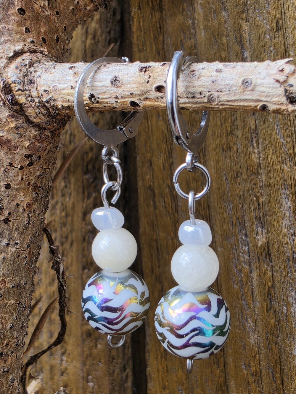 Quartz & Iridescent Glass Beaded Huggie Earrings Stainless Steel